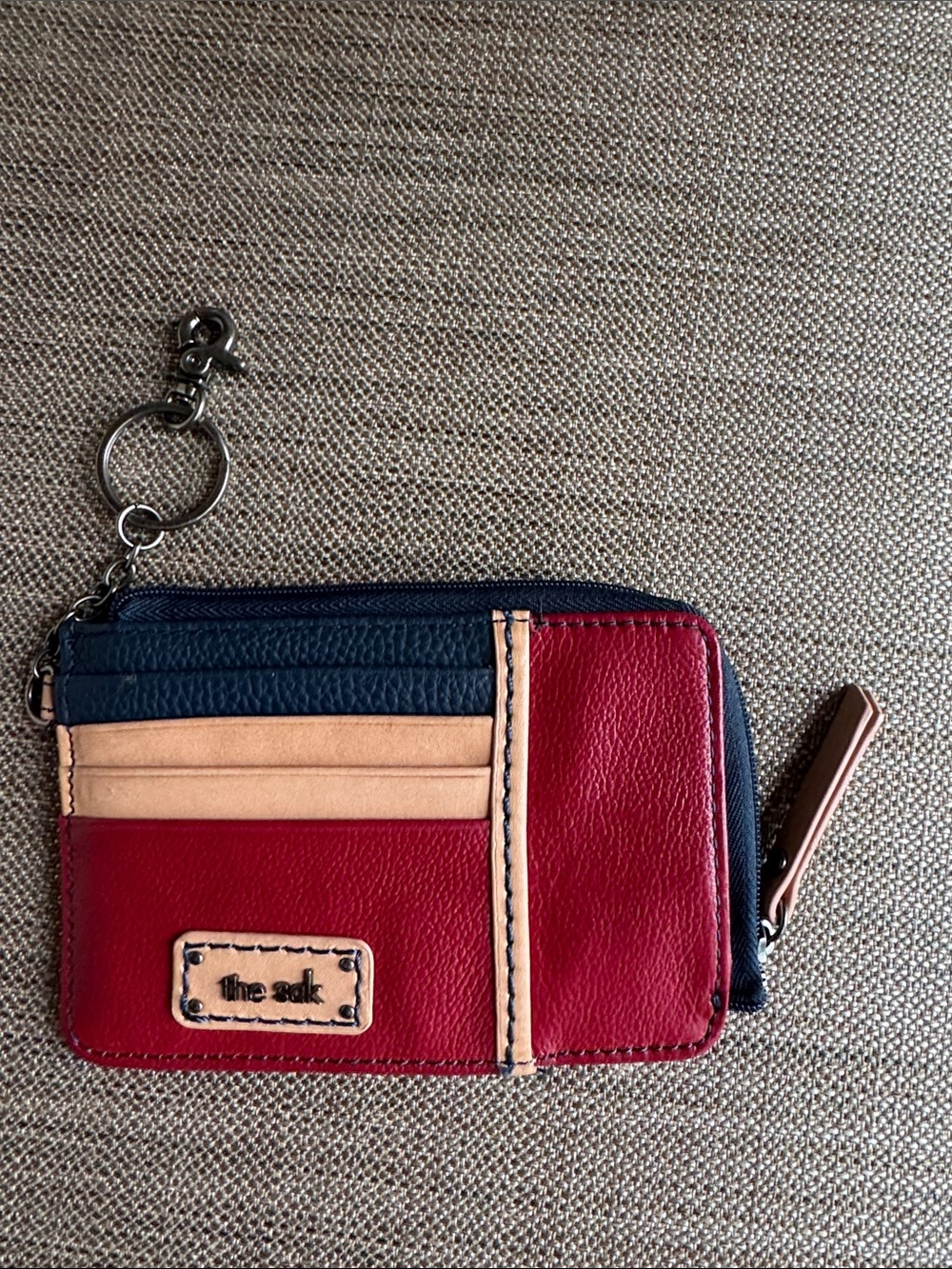 The Sak Tri-Tone Leather Zip Card Case with Keyring - Red Navy Tan